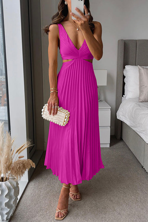 Women's Deep V-Neck Pleated Dress – Side Cutout Fitted Cocktail Midi Dress