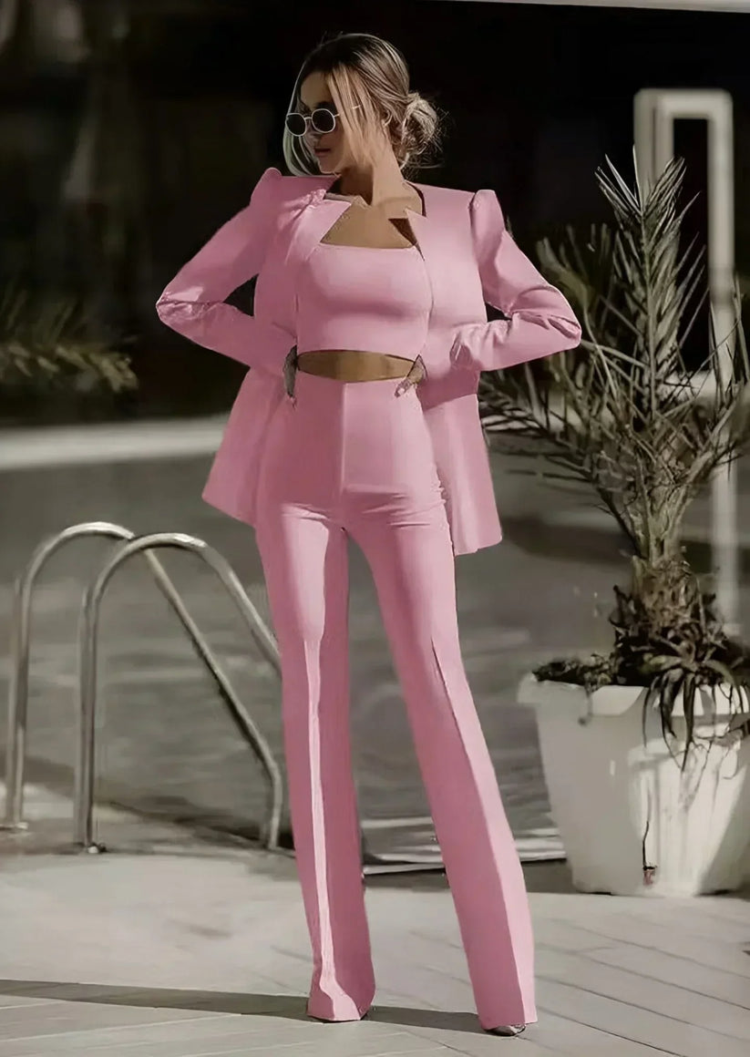 Women's Three Piece Tailored Blazer Set – Crop Top and Matching Pants Set